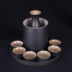 Japanese Style Ceramic Sake Pot Cup Set Black Pottery Liquor Wine Bottle Cups Tray