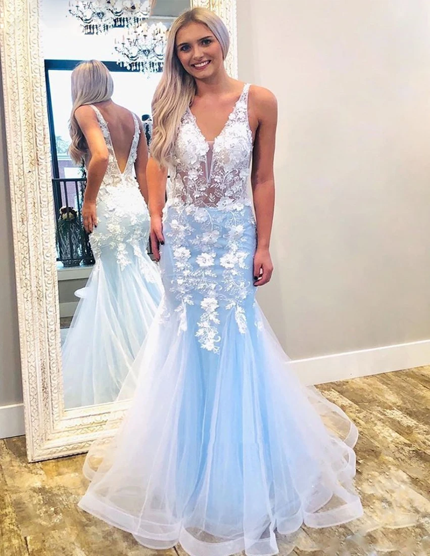 

V-neck Sexy Sky Blue Evening Dresses Mermaid Floor Length Sleeveless Applique Flowers Illusion Prom Dress