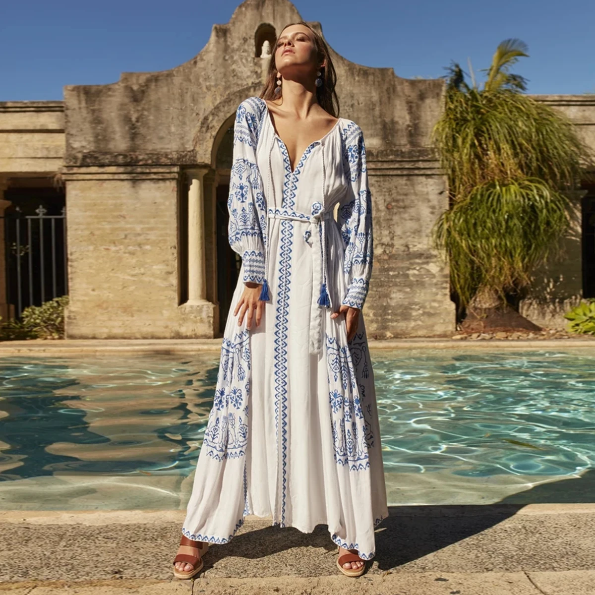 

Jastie Bahia Maxi Dress Women Summer Fall Long Sleeve Embroidery Vintage Long Dress 2022 Boho Beach Hippie Loose Vestidos Mujer