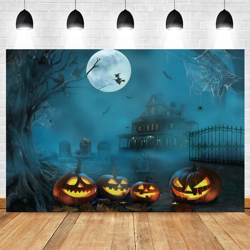 

Halloween Photo Backdrop Pumpkin Lantern Scary Night Full Moon Photography Background Halloween Family Party Portrait Photoshoot