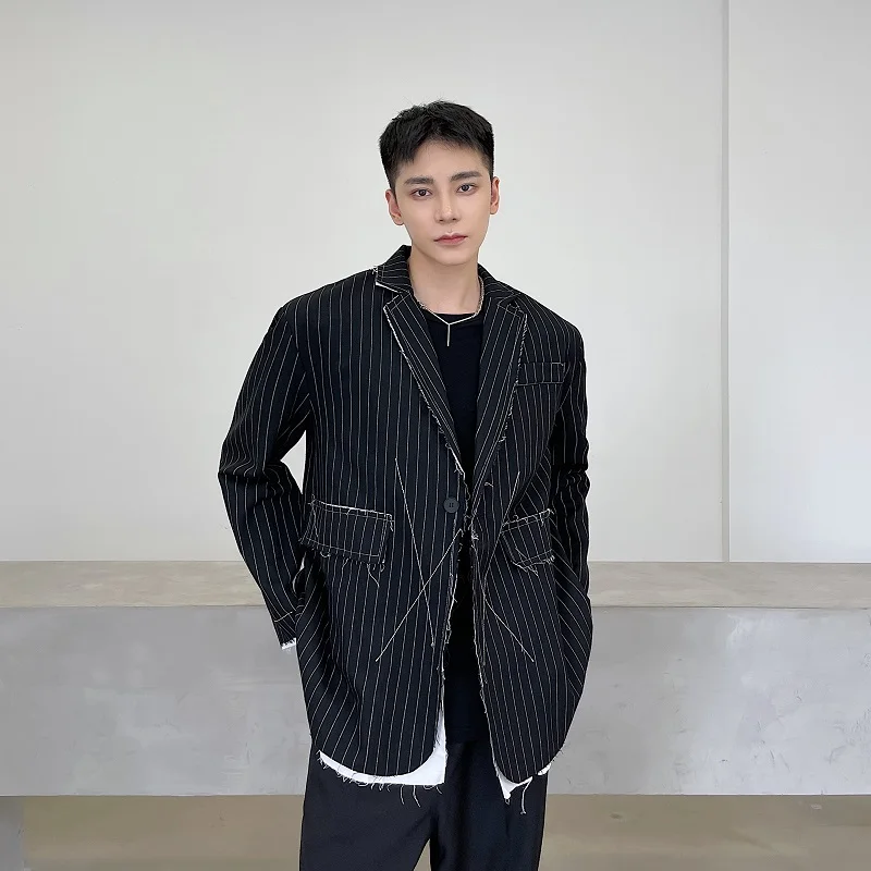 Autumn 2021 black fashion wool suit men's striped fur edge cut open line design suit coat