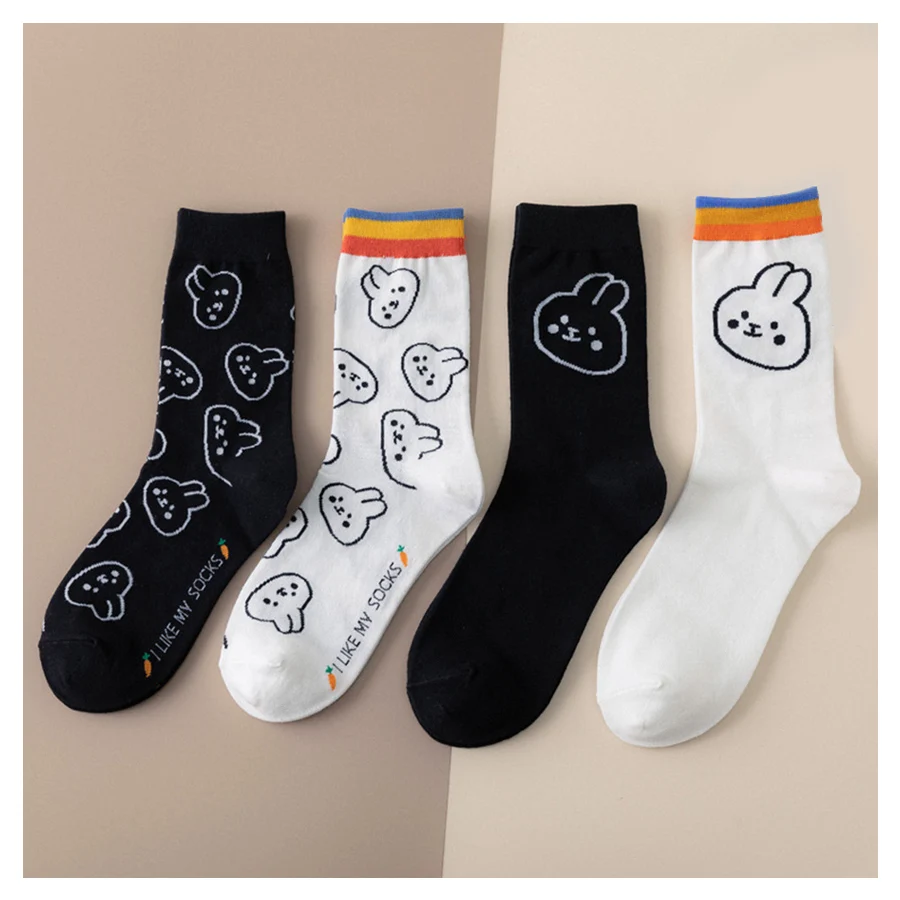 

Funny Bunny Cotton Socks for Women Happy Cute Cartoon Pattern White Black Casual Crew Sock New Season Harajuku Style