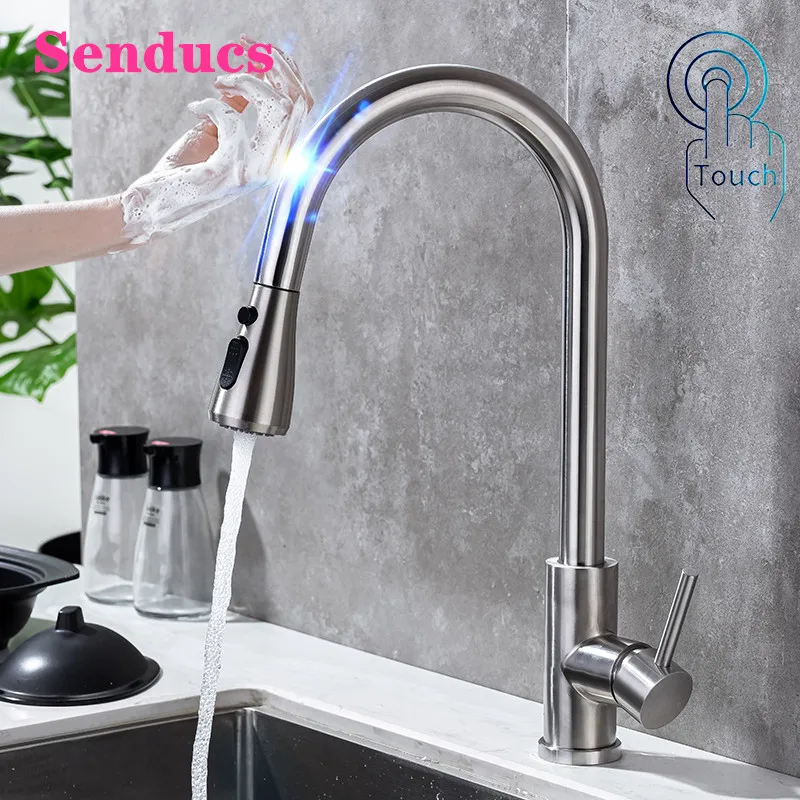 

Touch Sensor Kitchen Faucets with Pull Down Sprayer, Senducs Pull Out Kitchen Mixer Tap Stainless Steel Touch Kitchen Faucets