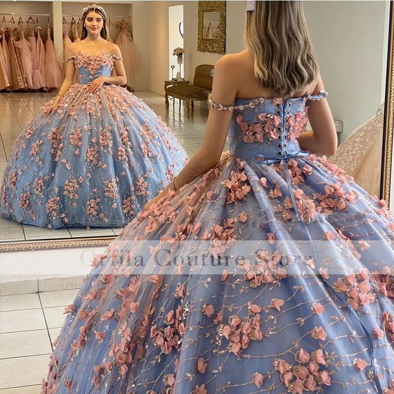 Vestido de quinceañera con hombros descubiertos para niña, vestido de fiesta de graduación mexicana con apliques florales en 3D, corsé trasero, 15 años, 2022