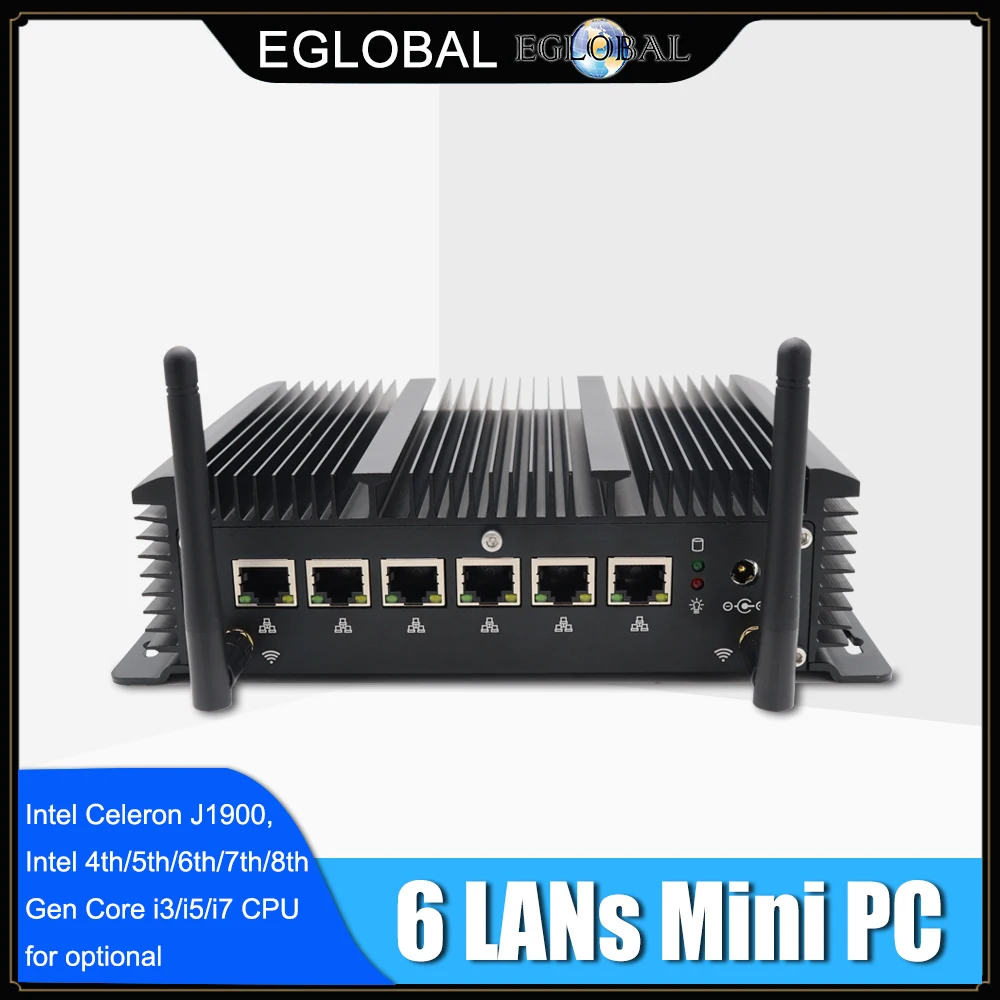 

EGLOBAL Industrial Fanless Mini Computer Intel i5 8265U 6 Lans Firewall Router Pfsense PC 2*RS232 4*USB3.0 HDMI Components