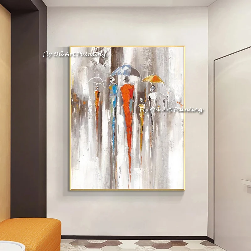 100% Handpainted Pedestrians On Rainy Days Beautiful Abstract Oil Painting On Canvas Wall Art  Modern Unframe