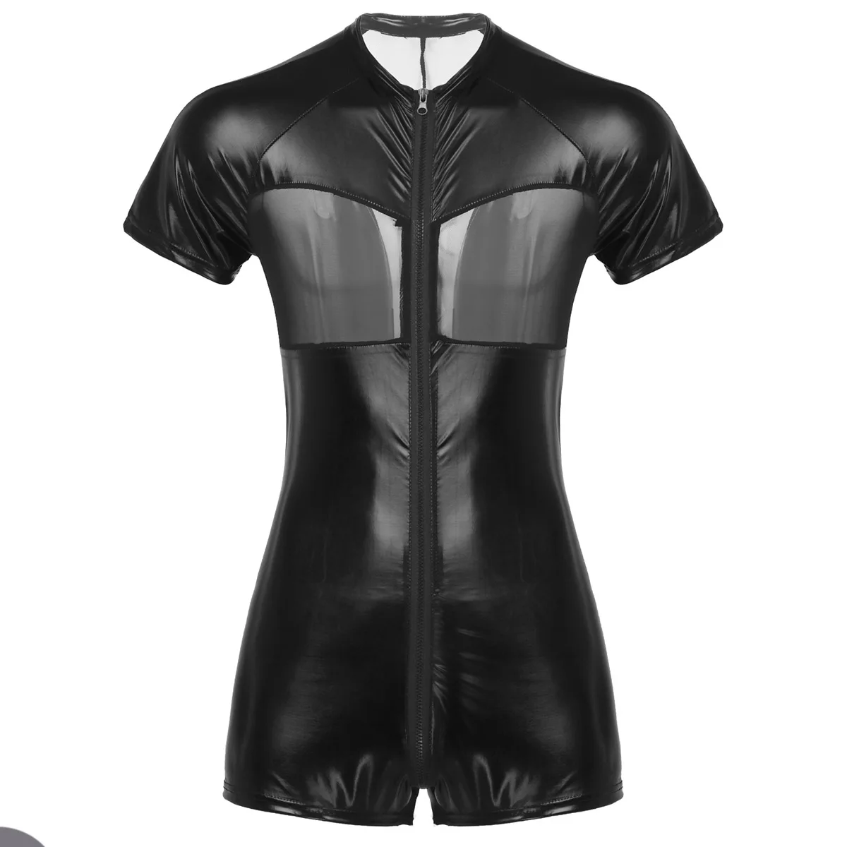 Mens Wet Look Patent Leather Nightclub Wear Short Sleeve Front Zipper Boxer Briefs Leotard Bodysuit Lingerie Male Night Jumpsuit