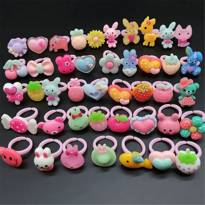 10PCS Children Cartoon Pretend Play Rings Candy Flower Animal Shape Ring Mix Finger Fashion Beauty Jewellery Girl Cosplay Toys