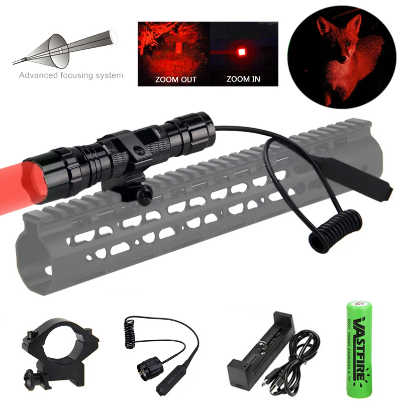 300 Yards Zoomable RED Led Under-Barre Weapon Light Military Tactical Surefir Armas Hunting Scout Flashlights+18650+USB Charger