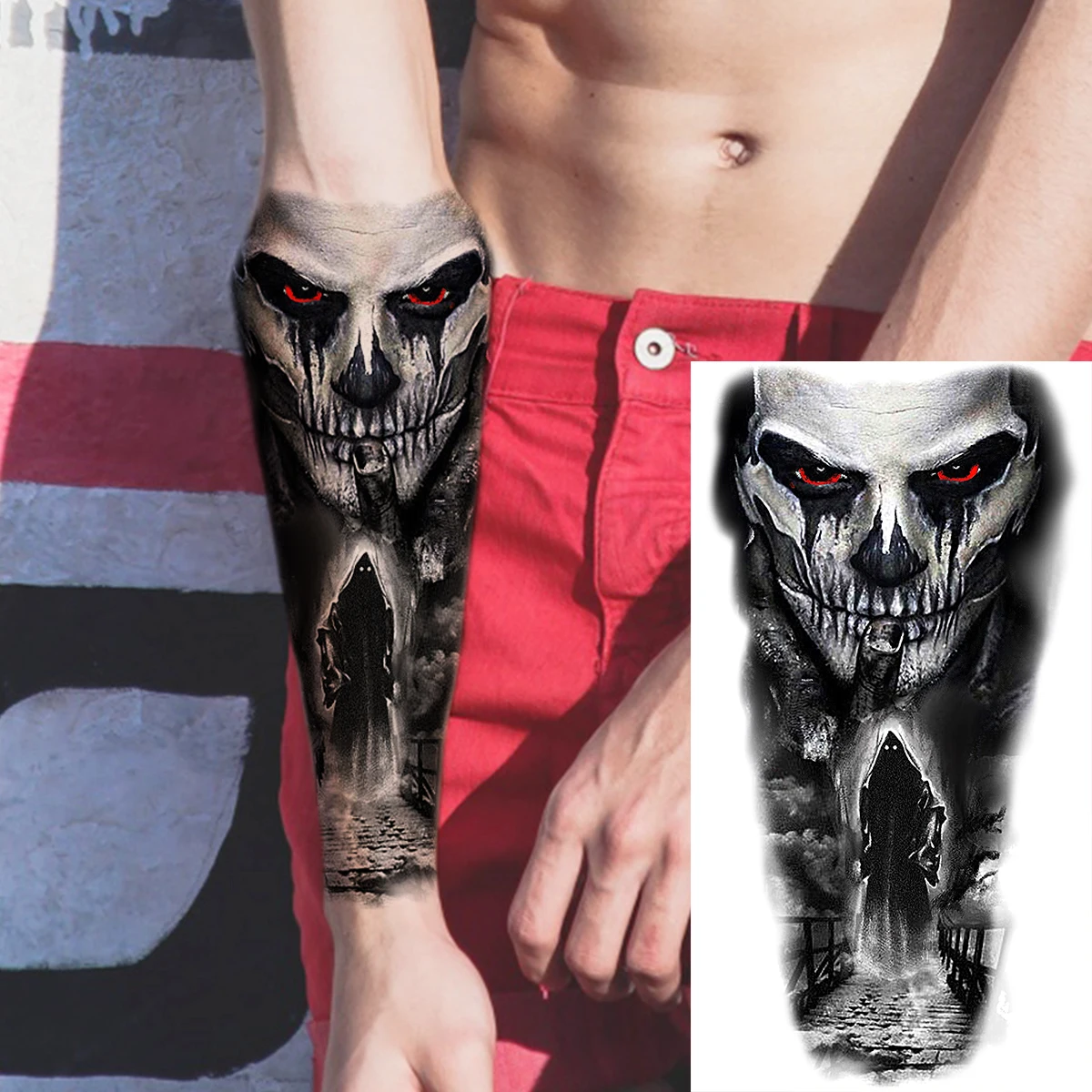 Tatuajes Temporales realistas en 3D para hombres, tatuajes temporales de diablo negro, tigre adulto, esqueleto de pirata, vampiro, tatuaje falso, antebrazo, tatuaje aterrador, Joker