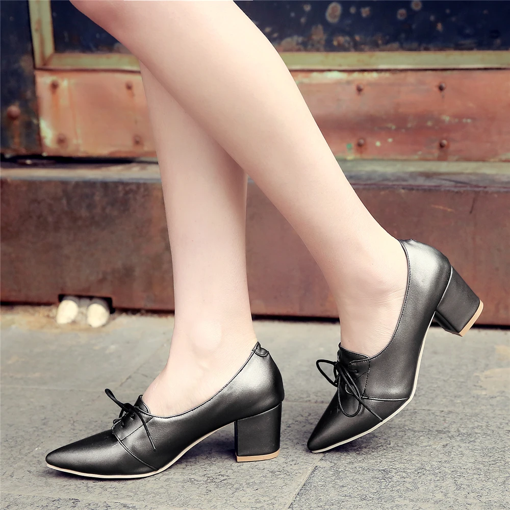 2024 HOT Women Shoes Pointed Toe Pumps Leather Lace-up Female Square High Heels Zapatos Mujer Plus Size 31-45 Black White Pink