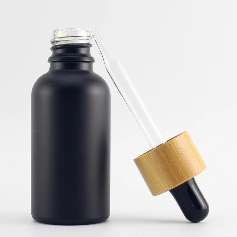 

Frosted Black Glass Cosmetic Dropper Bottles Bamboo Lid Essential Oil Container Perfume Bottles Skin Care Refillable Bottles