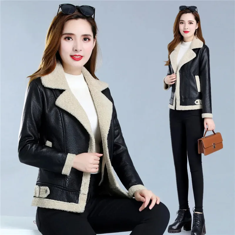 Add Velvet Add Thick Women\'s Leather Coat 2021 Winter New PU Skin Hair One Body Short Imitate Sheep Lamb Hair Ladies jacket