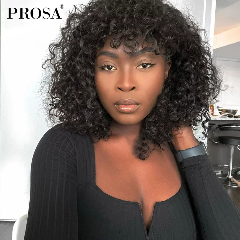 

Deep Wave Wig With Bangs 100% Human Hair Wigs For Women Short Bob Curly Wig Pixie Black Brazilian Pixie Cut Wig Prosa