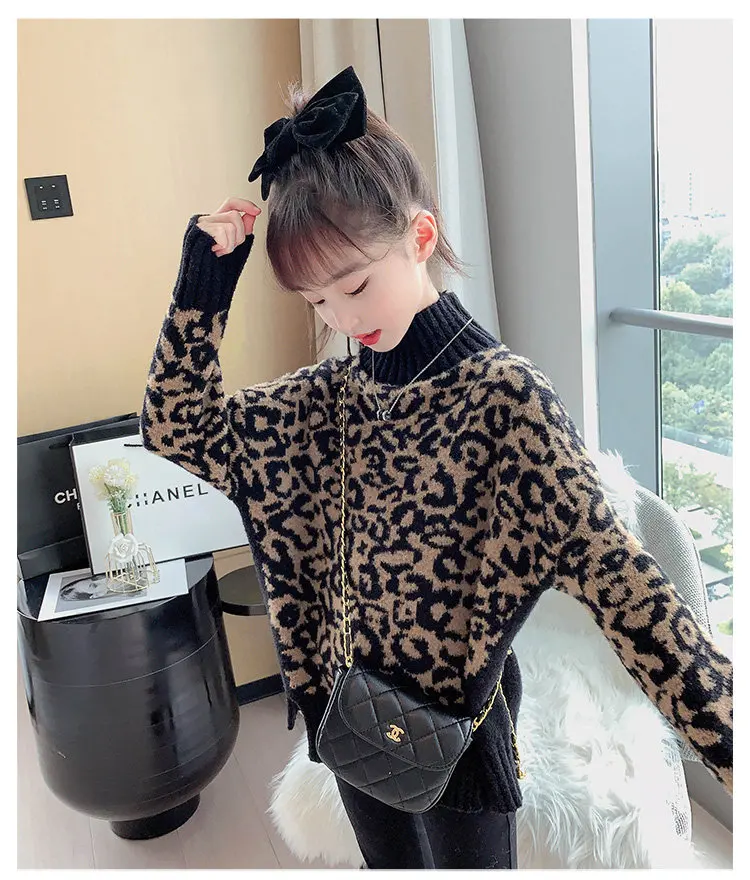 Baby-Mädchen Leopardenmuster Rollkragenpullover Neuer Herbst-Winter Koreanischer Stil Lockerer Strickpullover Oberteil für Kinder 6 8 10 12 13 Jahre – Detail 7