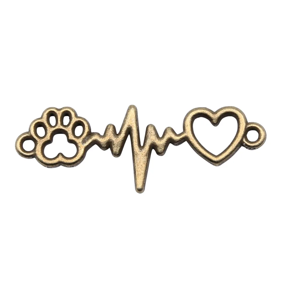 12Pcs/Lot 12*34mm 3 colors Alloy Charms Animal Paw and Heart ECG Connecter For Jewelry Diy Making Pendants Handmade Craft