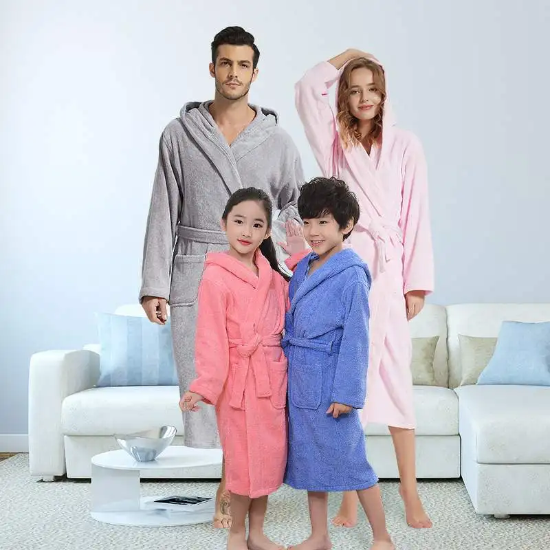 Adult Boy Girls Hooded Toweling Terry Robe Soft Sleeprobe Kids Casual Homewear Winter Solid Family Robe For Cotton Bathrobe