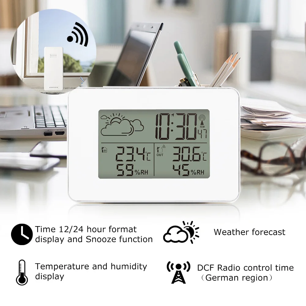 FanJu-estación meteorológica con alarma, reloj electrónico Digital inalámbrico, Sensor de pronóstico, Snooze, reloj de mesa, termómetro DCF,
