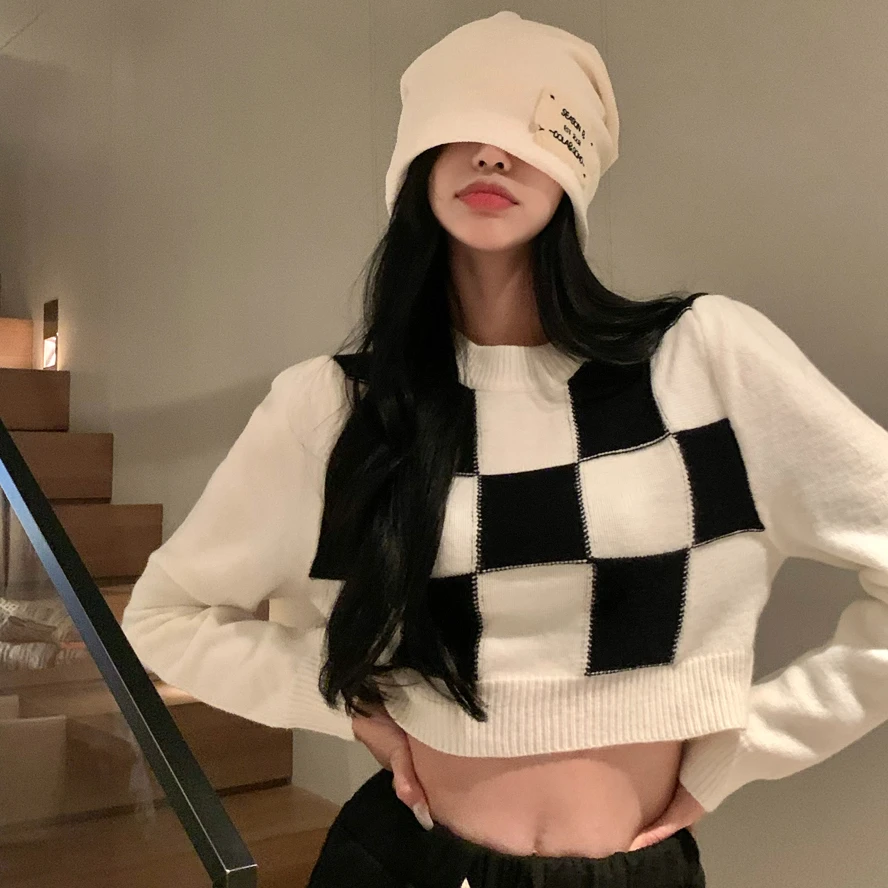 Cropped Pullovers Women Checkerboard Plaid Fashion Vintage Loose Long Sleeve Sweaters Students Streetwear Knitted Jumpers Korean