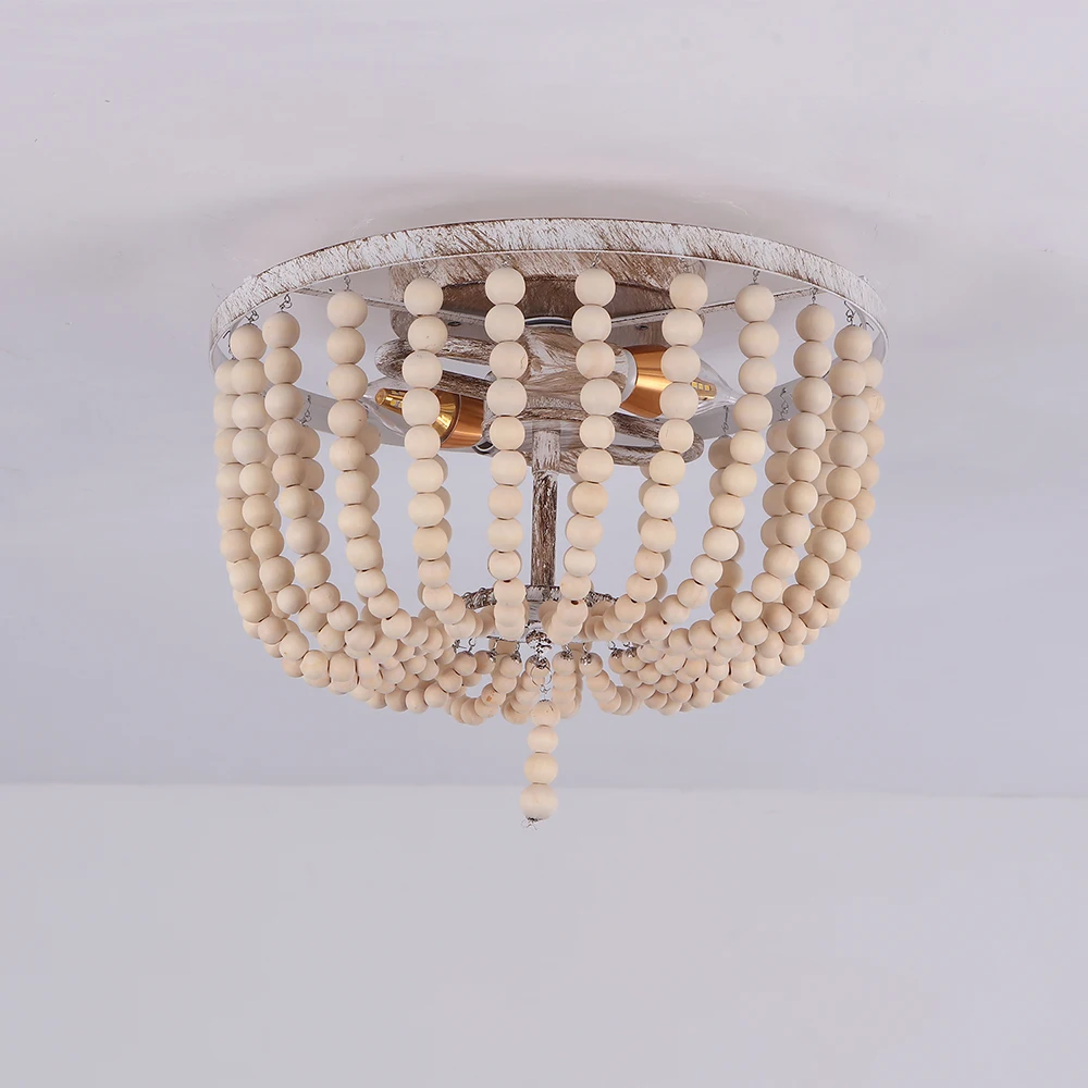 Retro White Ceiling Light for Bedroom Entrance Loft Homestay Indoor Lighting Vintage 2 Lights Wooden Bead Chandelier image 5