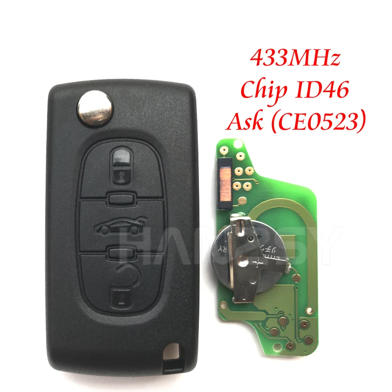 3 Buttons 433MHz Flip Folding key For Peugeot 407 307 308 807 Partner Car Remote key with ID46 Chip CE0523 HU83/VA2 Blade