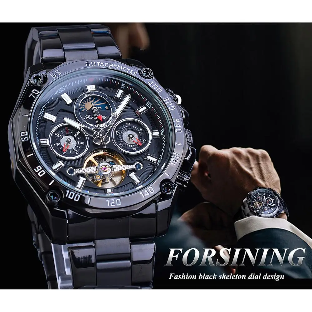 Forsining-relojes mecánicos Tourbillon para hombre, pulsera automática de acero inoxidable, con fecha Moonphase, color negro