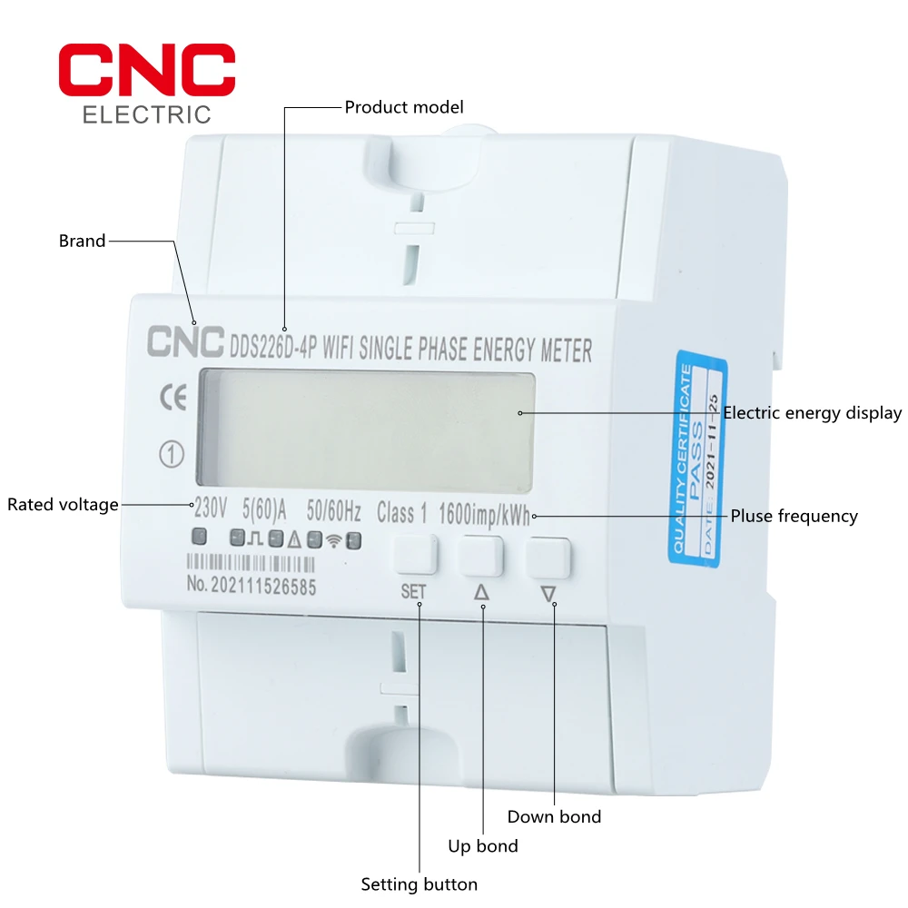 CNC DDS226D-4P RS485 Single Phase WIFI Smart Energy Meter Monitoring Circuit Breaker Timer with Voltage Current Protection