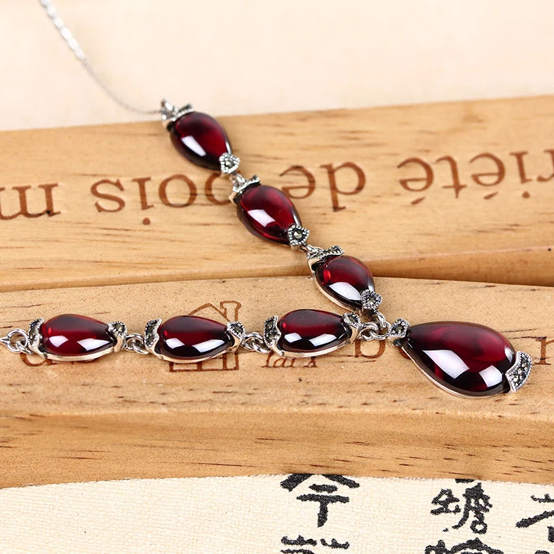 ZHJIASHUN Retro Natural Garnet Ruby 100% 925 Sterling Silver Necklace Pendant For Women Vintage Gemstones Pendants Jewelry