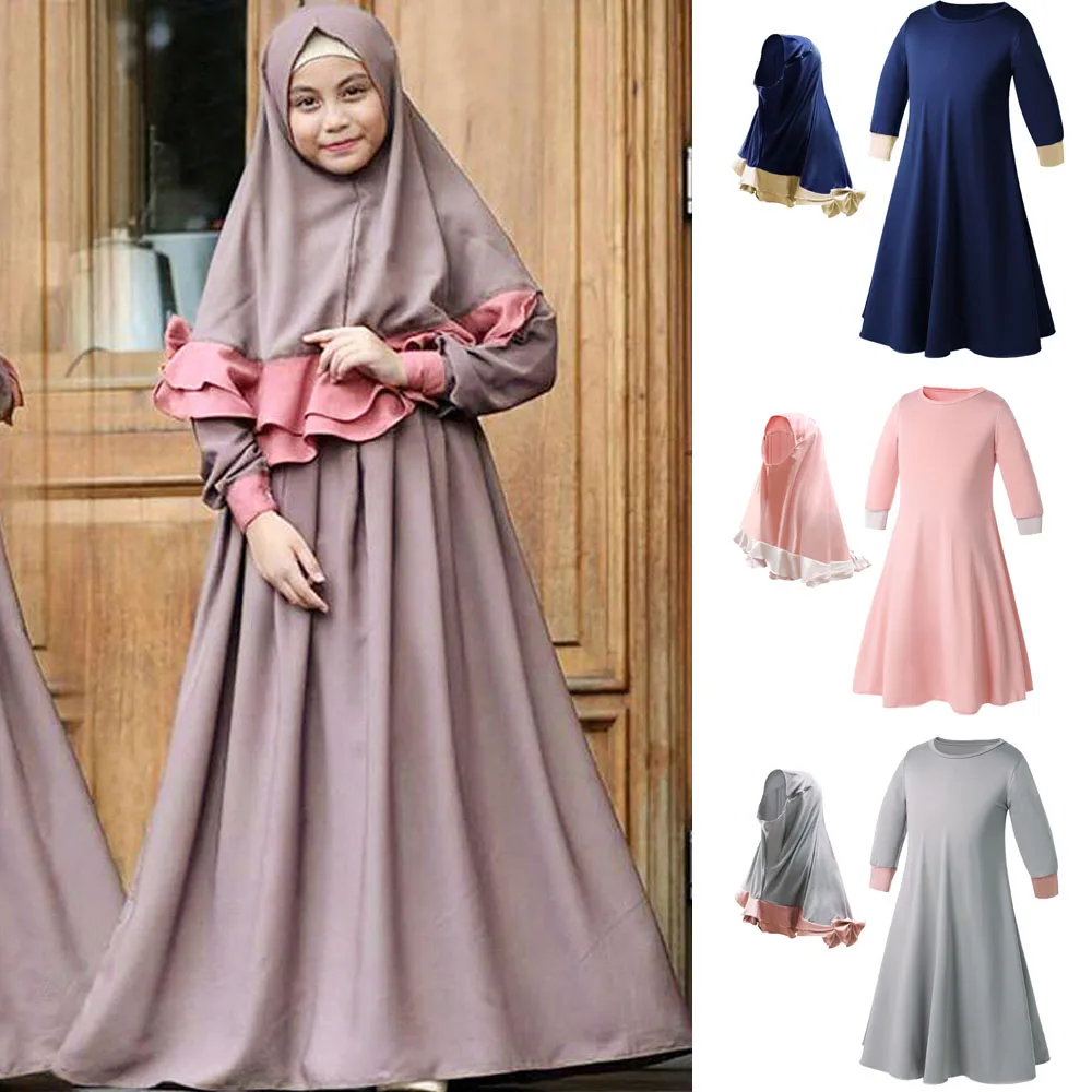 

Muslim Girls Dress Two Pieces Set Long Hijab Abaya Khimar Islamic Kaftan Clothing Arab Prayer Maxi Dress Robe Gown