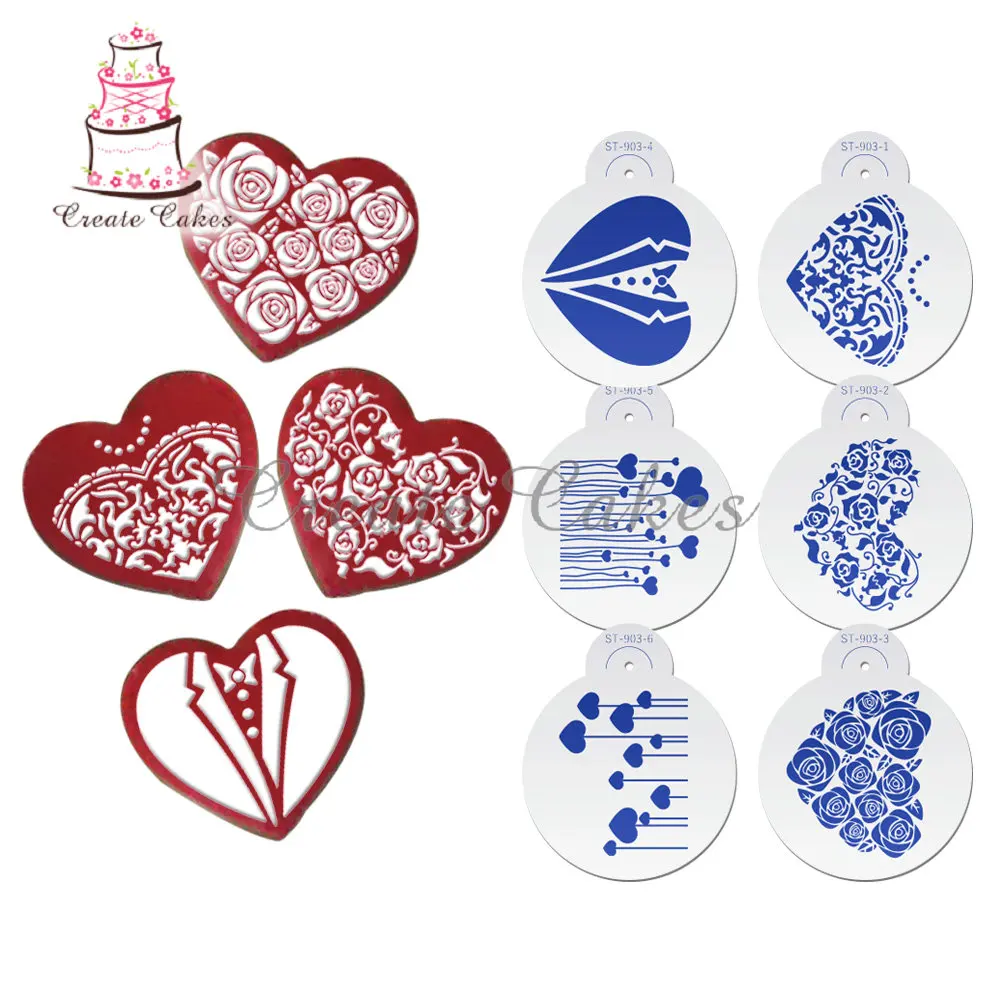 

6pcs/set Hearts Cookie Stencil Fondant Cake Mold Rose Flower Biscuits Baking Mould Cake Border Decorating Pastry Spray Tool