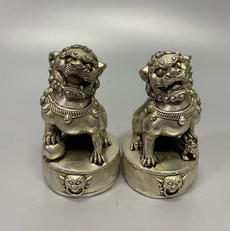 

Archaize White copper Feng shui lion household desktop decoration crafts statue A pair