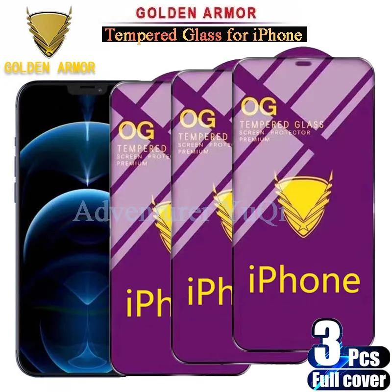 3PCS Golden Armor Tempered Glass OG Screen Protector for iPhone 16 15 14 13 12 11 Pro XS Max X XR Full Glue Cover Big Curved 7 8