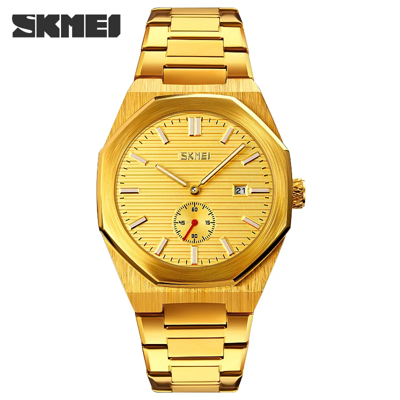 SKMEI Men\'s Watches Stainless Steel Quartz Wristwatch Luxury Golden Watch Man Calendar Display Clock Original Relogio Masculino