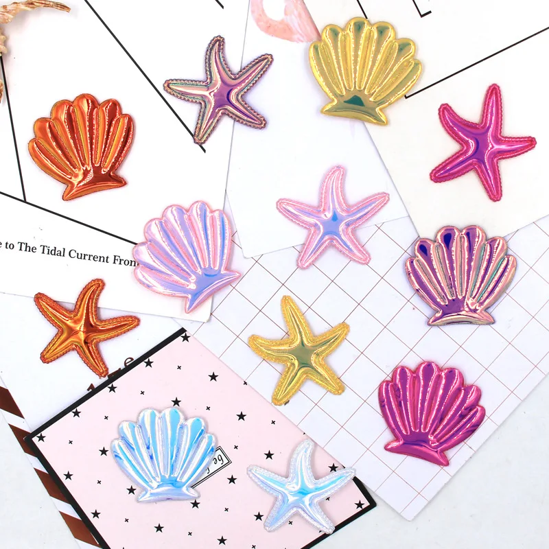 Pu Shiny Starfish and Shell Padded Appliques, Cake Insert Cards, Children Hair Clip Accessories, DIY Kid Patches, 30Pcs Lot