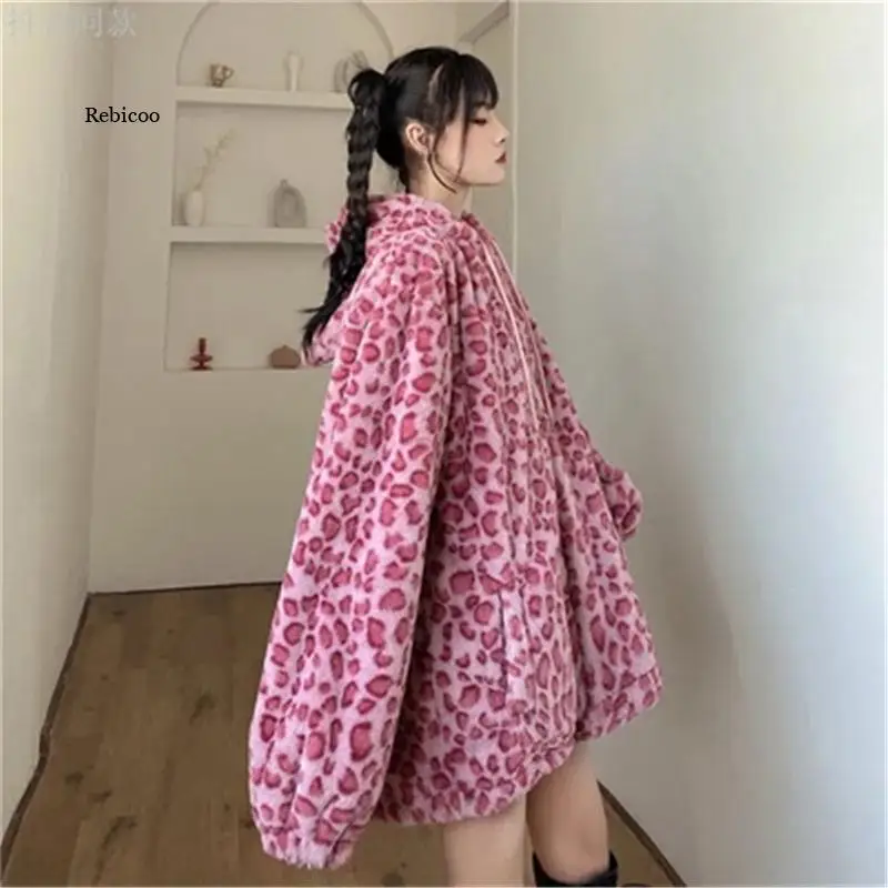 Autumn Winter Women\'s Fur Coats Leopard Thick Warm Female Overcoats Loose Woman Hoodies Lady Outerwear Jackets
