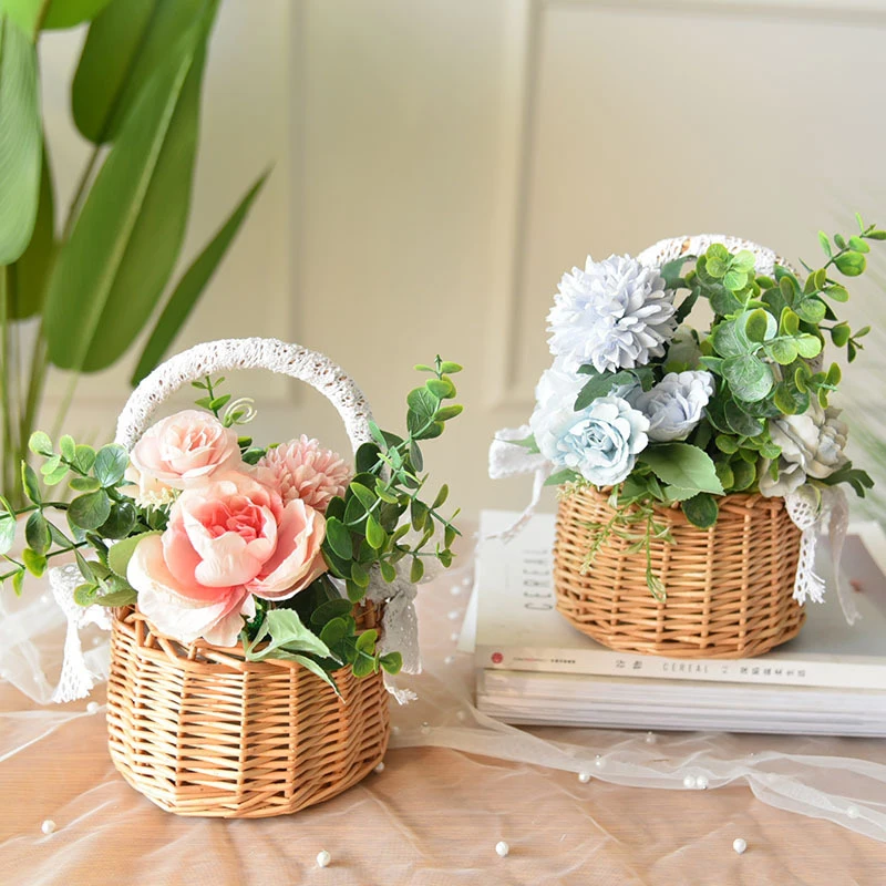 Cesta de flores de ratán tejida a mano para ceremonia de boda, cesta de almacenamiento Vintage con lazo de arpillera de encaje, suministros para