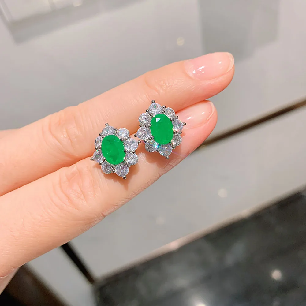 Luxury Emerald Turquoise Gemstone Stud Earrings/Ring/Necklace Wedding Engagement Fine Jewelry Sets Anniversary Gifts For Women