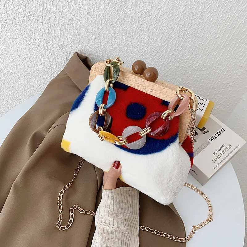 Bolso de mano de felpa con Clip de madera para mujer, bandolera de hombro con cadena acrílica coreana, nuevo diseñador, otoño e invierno, 2020