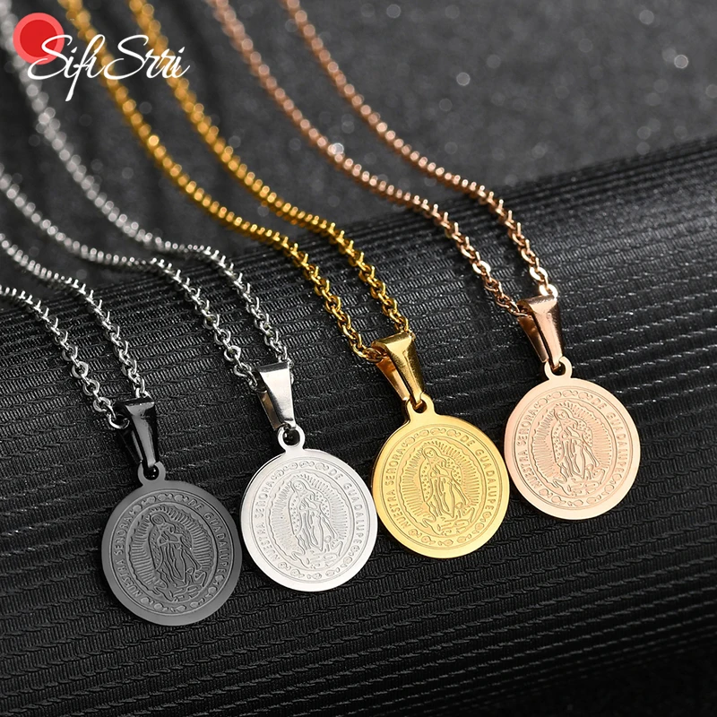 Sifisrri Vintage Stainless Steel Virgin Mary Round Coin Necklace for Women Men Catholicism Amulet Religious Party Jewelry Gift