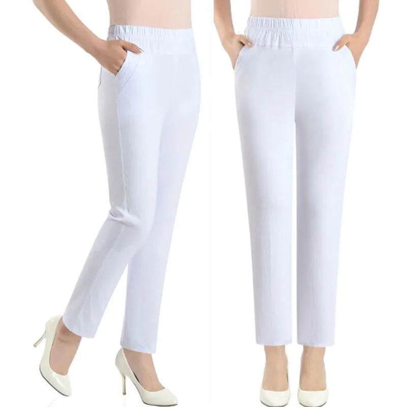 Summer Middle-aged Women Pants New Stretch High Waist Straight Pants Casual Large Size Candy-colored Thin Nine points Pants