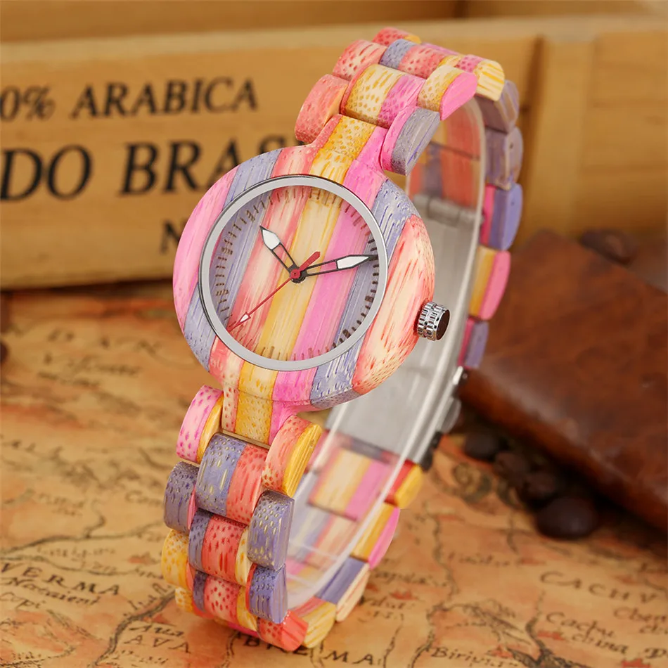 Montres à Quartz pour femmes, petit cadran en bois de bambou, montre-bracelet à fermoir pliant, pointeur lumineux