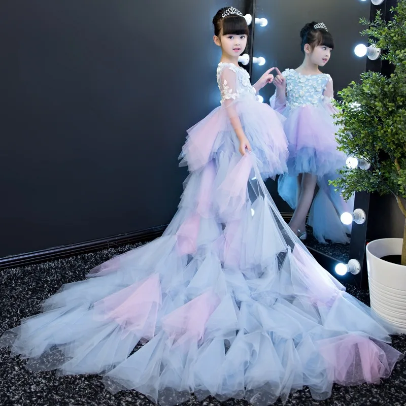 Kids First Communion Dresses Long Trailing Girls Dress Child Mermaid Long Tail Peacock Ball Gown For Wedding Evening Prom Party