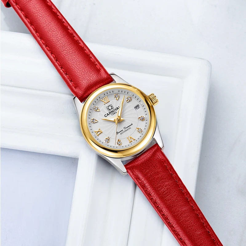 Reloj mecánico de marca CARNIVAL a la moda para mujer, vestido luminoso de lujo, reloj de pulsera automático, reloj femenino resistente al agua