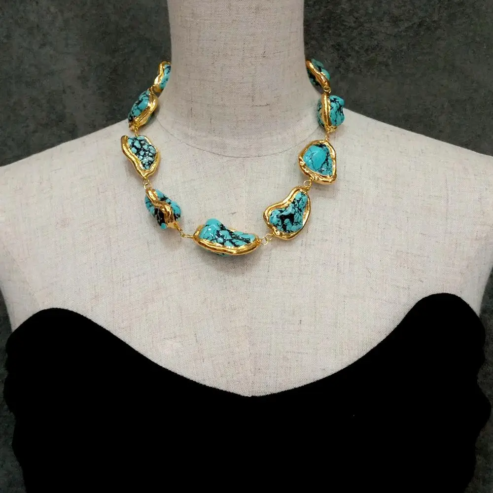 KKGEM 25x28mm Freeform Blue Turquoise Nugget With Electroplated Edge strand Wrap choker necklace ethnic style for women 18