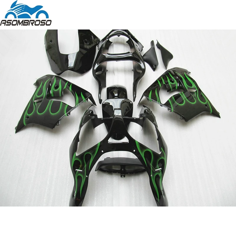 

Free Custom Injection Bodyparts for Kawasaki Ninja ZX9R fairing kit 2002-2003 Green Flames Black fairing set zx9r 02 03 GU12