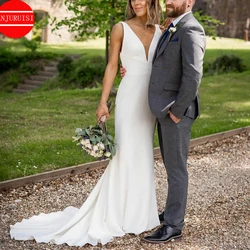 Soft Satin Wedding Dress Mermaid Vestido De Novia 2026 Pleat Sexy V Neck Simple Boho Bride Gown Robe Mariage Boda Trouwjurk