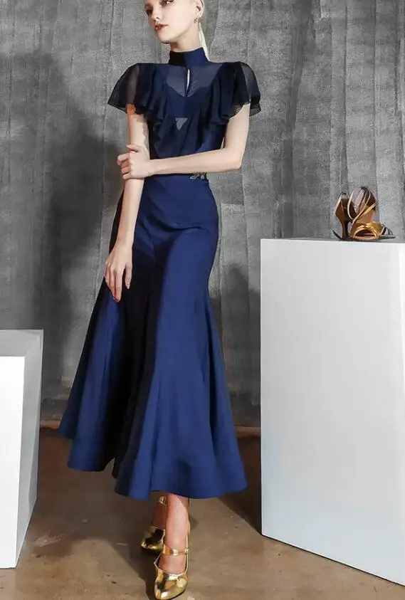 Ballroom skirt Tango body leotarad waltz Fox trot Quick step Dance Dress Practice no sleeve sleeveless navy blue625