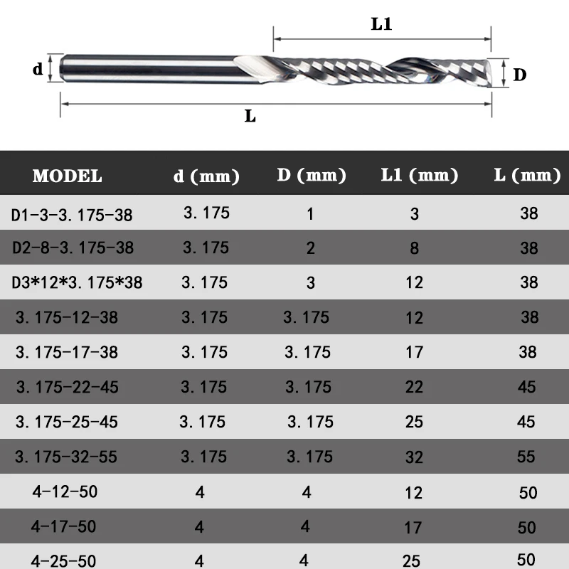 1 st Enkele Fluit Spiraal Cutter Router Bit 3.175 CNC Frees Gereedschap Machine Accessoires Voor Acryl Carbide Frees