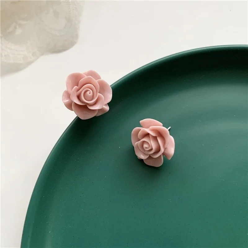 Resin Rose Stud Earrings 3D Carved Pink Rose Flower Earrings Jewelry Christmas Gift for Women Girls Post Stud Earrings