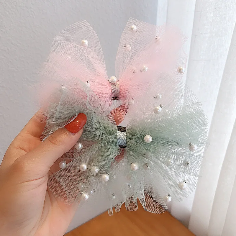 Children Girls Beautiful Net Yarn Bow Hairpins Imitation Pearl Girl Princess Baby Lace Sequin Hairpins Kids Hair Accessorie